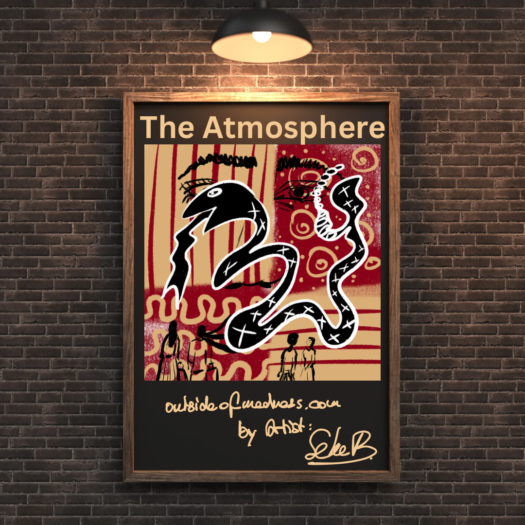 Ein Kunstwerk mit dem Titel 'The Atmosphere', das einen stilisierten Schlangen- und Figurenelemente zeigt, auf einem roten und beigen Hintergrund. Das Bild ist in einem Holzrahmen mit einem Signatur des Künstlers Lee B. eingefasst.